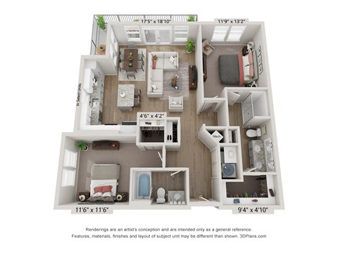 Floor plan for 2 beds, 2 baths, 1129 sqft